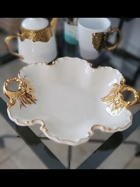 White Porcelain Serving Bowl with Gold Accents
